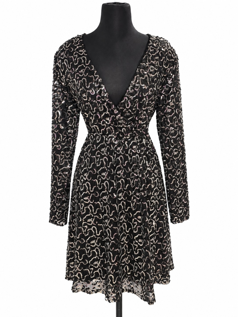 NWT Boohoo Black Sequin-Embellished Faux Wrap Mini Dress